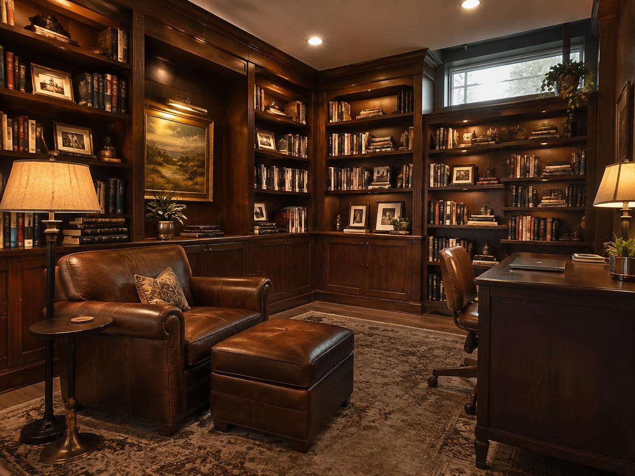 Basement home office and library with walnut shelving