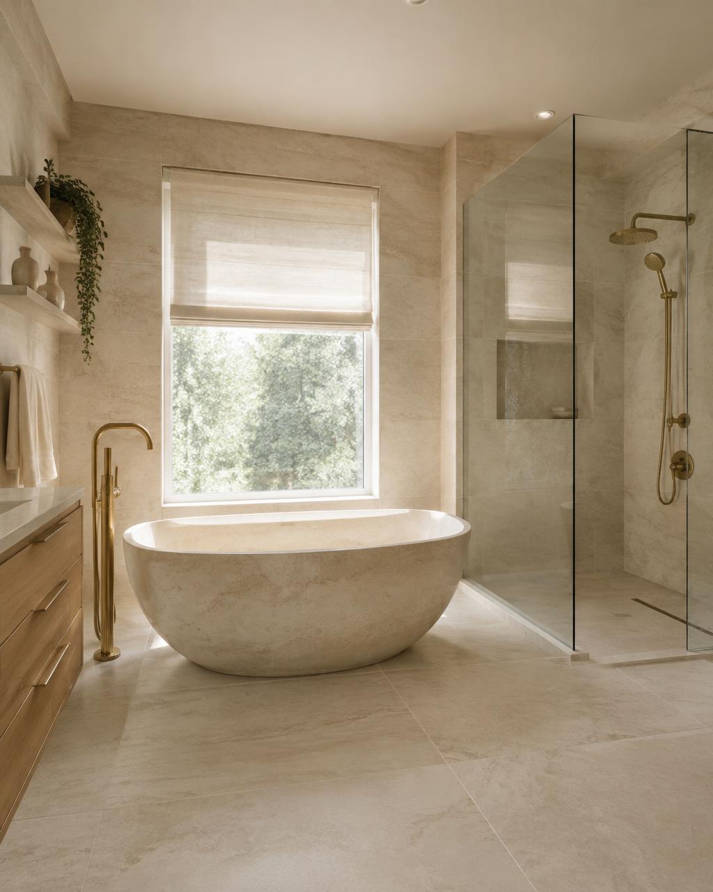 Spa-like bathroom with freestanding stone tub, travertine tile and brass fixtures