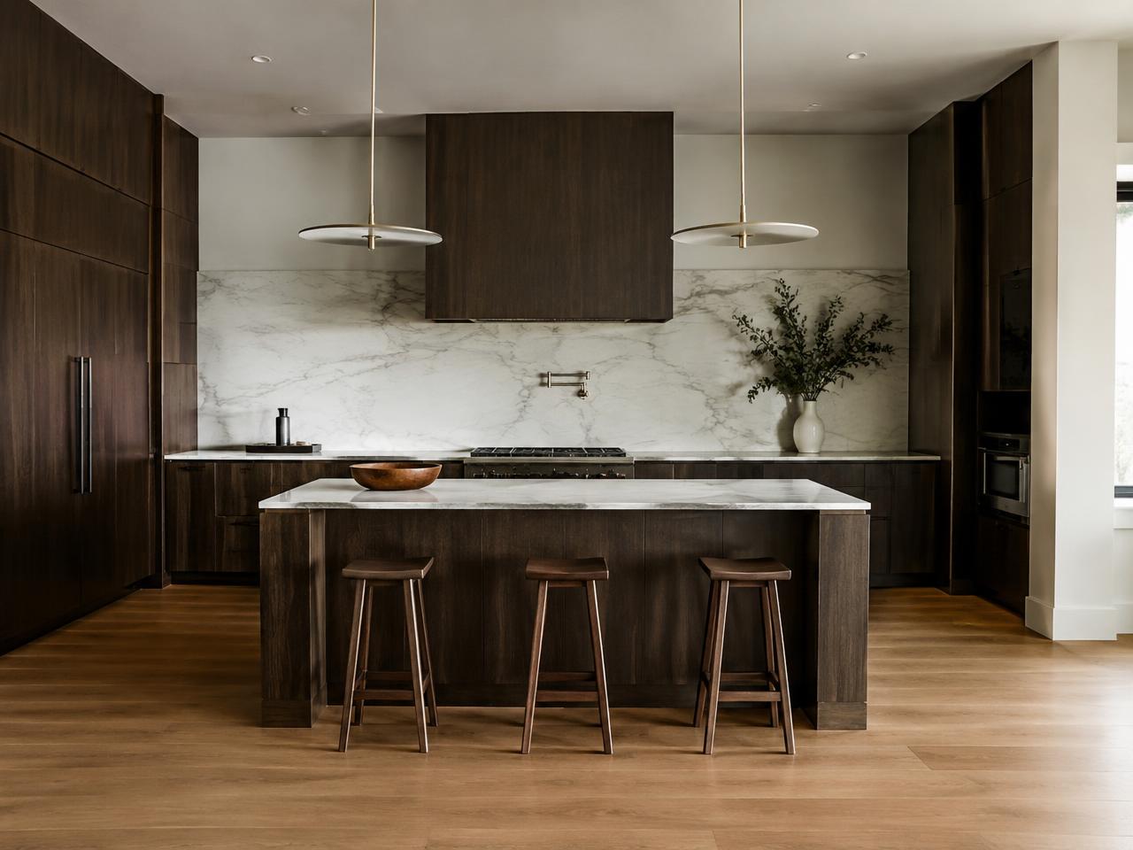Espresso cabinetry kitchen with marble backsplash