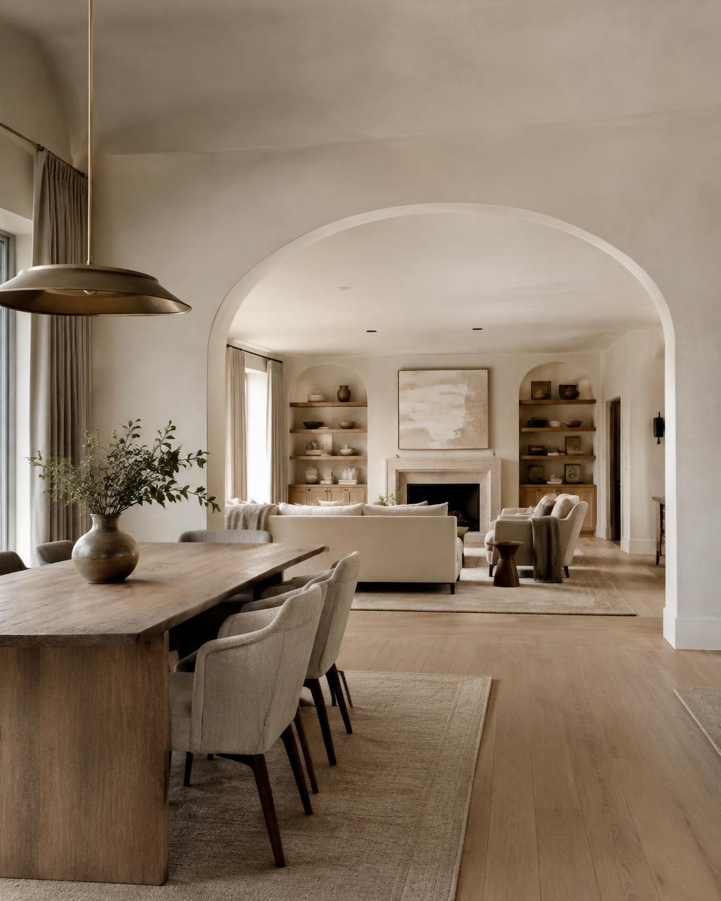 Open-plan dining and living area with an arched doorway, white oak floors and plaster walls